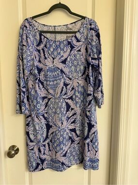 🦩Lilly Pulitzer Navy and Lilac Floral-Print Long Sleeve Dress🦩